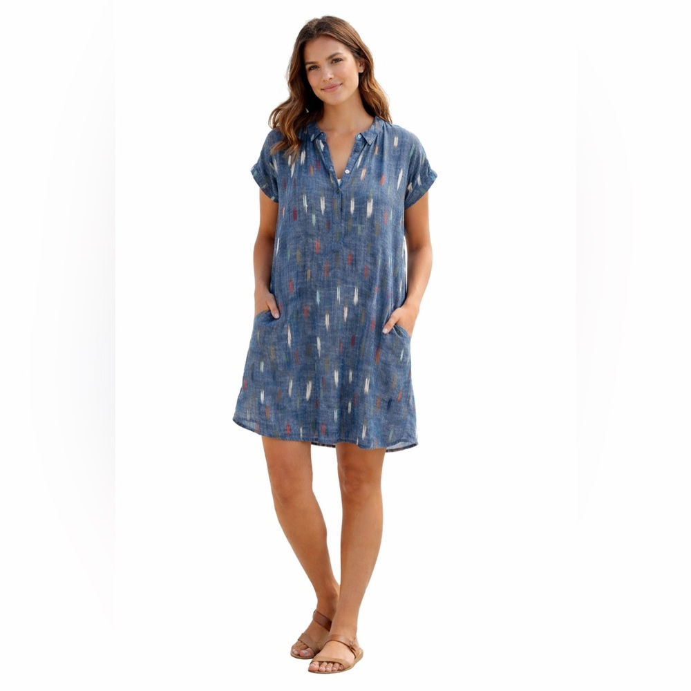 Faherty Ikat Easy Tunic Dress 100% Viscose Boho Beach Coverup Pockets Size L